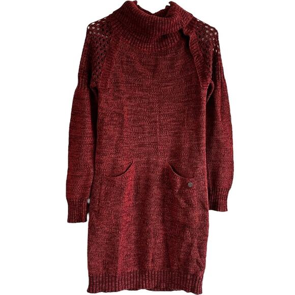prAna Archer Sweater Mini Dress Cowl Neck Eyelet Ribbed Trim Amber Red XS - Picture 2 of 5